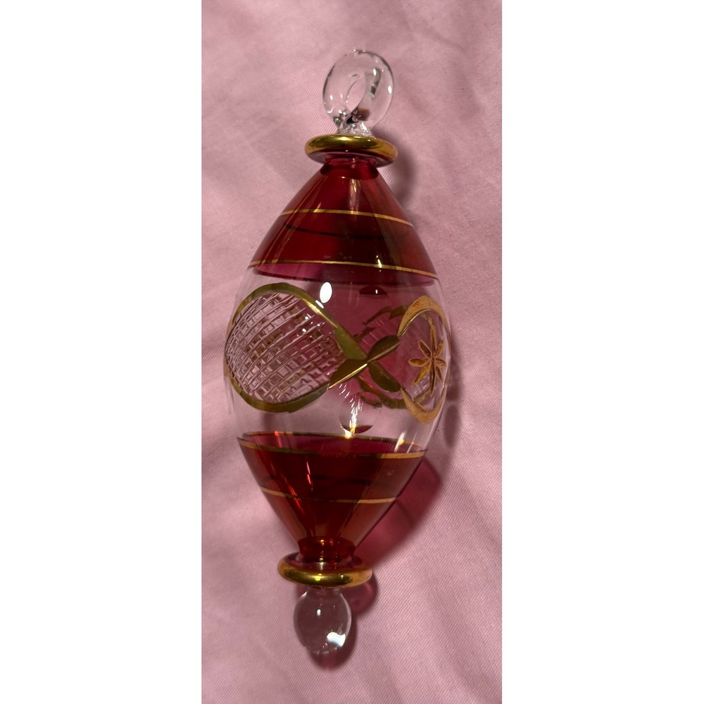 Kurt Adler Luxor Red Gold Glass Christmas Ornament Hand Blown Etched Teardrop